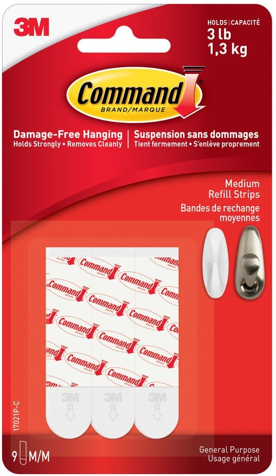Medium General Purpose Refill Strips for Adhesive Hooks, White, 3-lbs, 9 Strips per Pack O8566