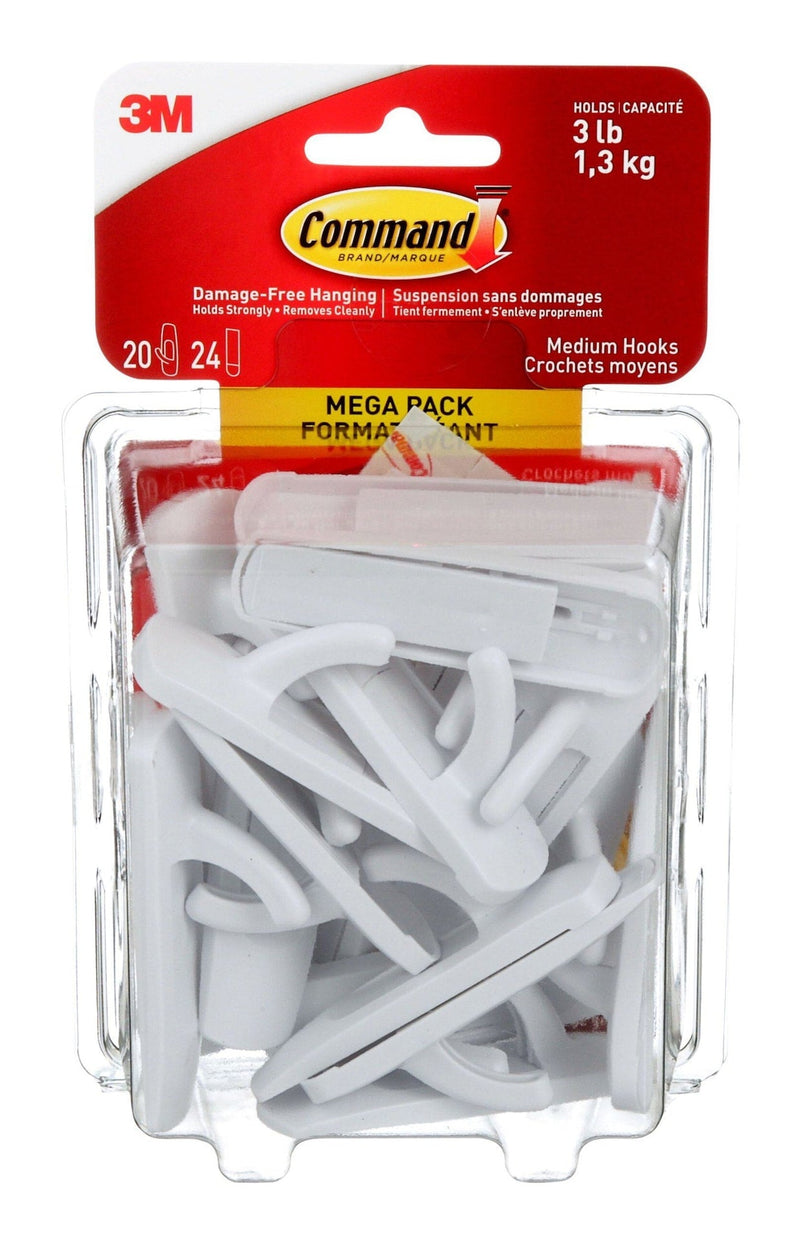 Medium Hooks Mega Pack with Adhesive Strips, White, 3-lbs, 20 Hooks/Pack A0140