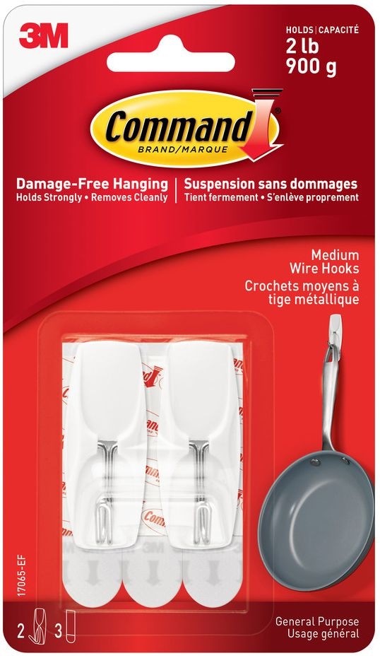 Medium Wire Toggle Hooks with Adhesive Strips, White, 2-lbs, 2 Strips per Pack R4520