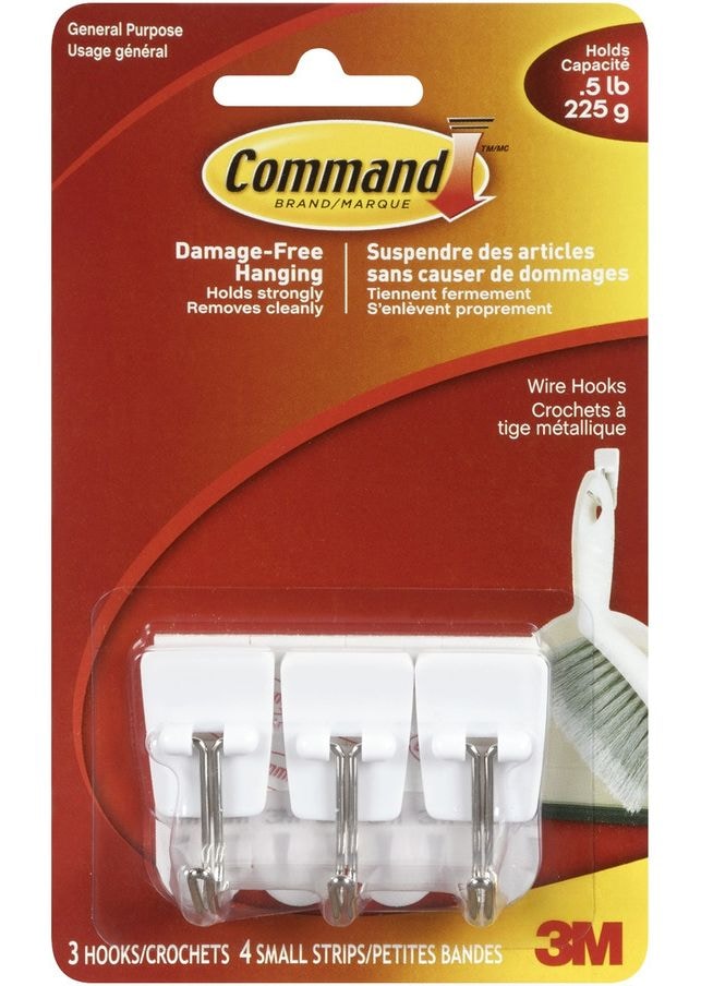 Micro Wire Utensil Hooks with Adhesive Strips, White, 0.5-lbs, 3 Strips Per Pack N3610