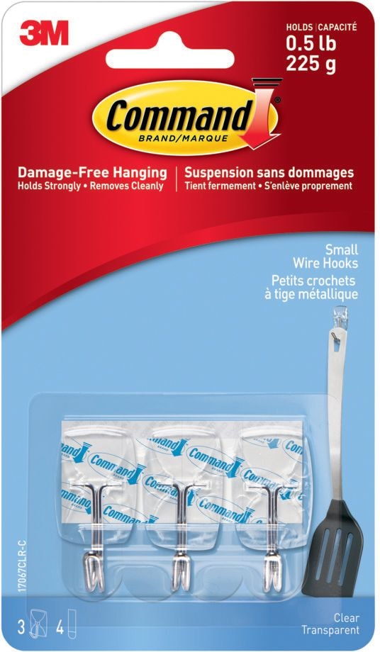 Small Wire Hooks with Adhesive Strips, Clear, 0.5-lbs, 3 Strips per Pack Z5589