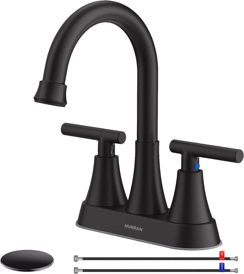 Bathroom Faucets for Sink 3 Hole, Hurran 4 inch Matte Black Bathroom Sink Faucet with Pop-up Drain Z9158