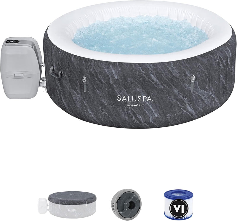 SaluSpa Fiji AirJet Large Round 2 to 4 Person Inflatable Hot Tub Portable Outdoor Spa with 120 AirJets and EnergySense Cover, Grey D8891