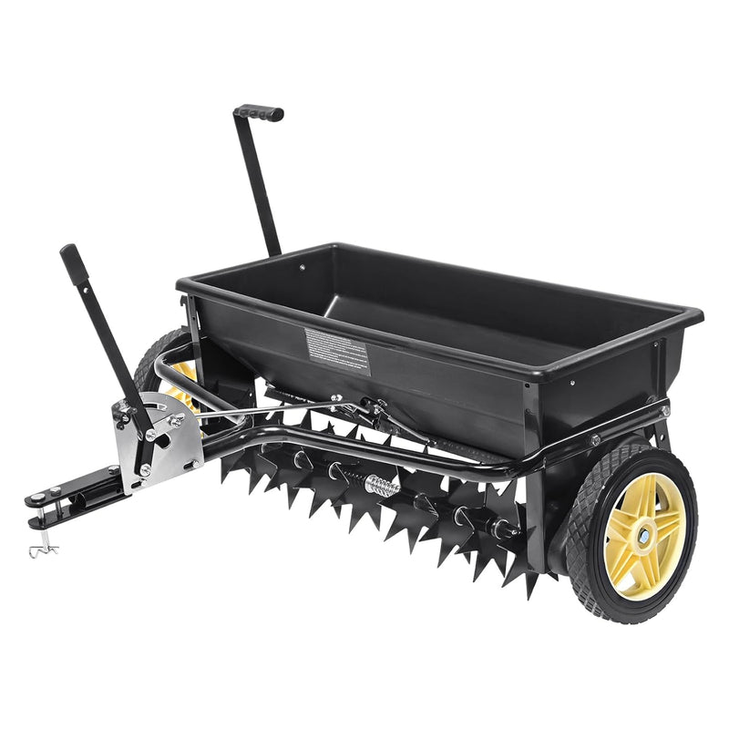 Broadcast seeder, 100-pound tractor-mounted rear polyethylene seeder with 10-inch wheels, equipped with a steel spike weeder, fertilizer spreader, garden seeder and salt spreader, suitable for residences, farms, rough terrain, and black pavement. H5077