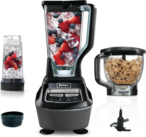 Blender, Mega Kitchen System, 1500W, 4 Functions for Smoothies, Processing, Dough, Drinks & More, with 72 Blender Pitcher, 64 Processor Bowl, 2 Nutri Cups Lids, Black, BL770 N3875