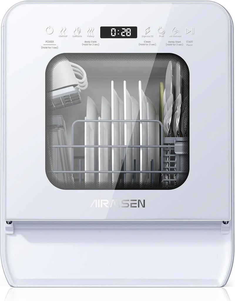 Desktop dishwasher set, double-layer shelf design, portable dishwasher, built-in 5-liter water tank, 3 spray arms, 12-hour delay start, no need to connect power supply, white model M7793