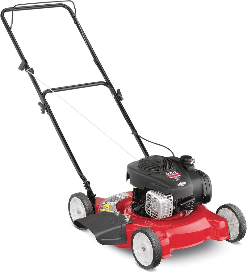 20-inch steel cutting deck, side-discharge gasoline-powered push lawn mower, with engine oil, available in red and black, suitable for outdoor yards. U8339