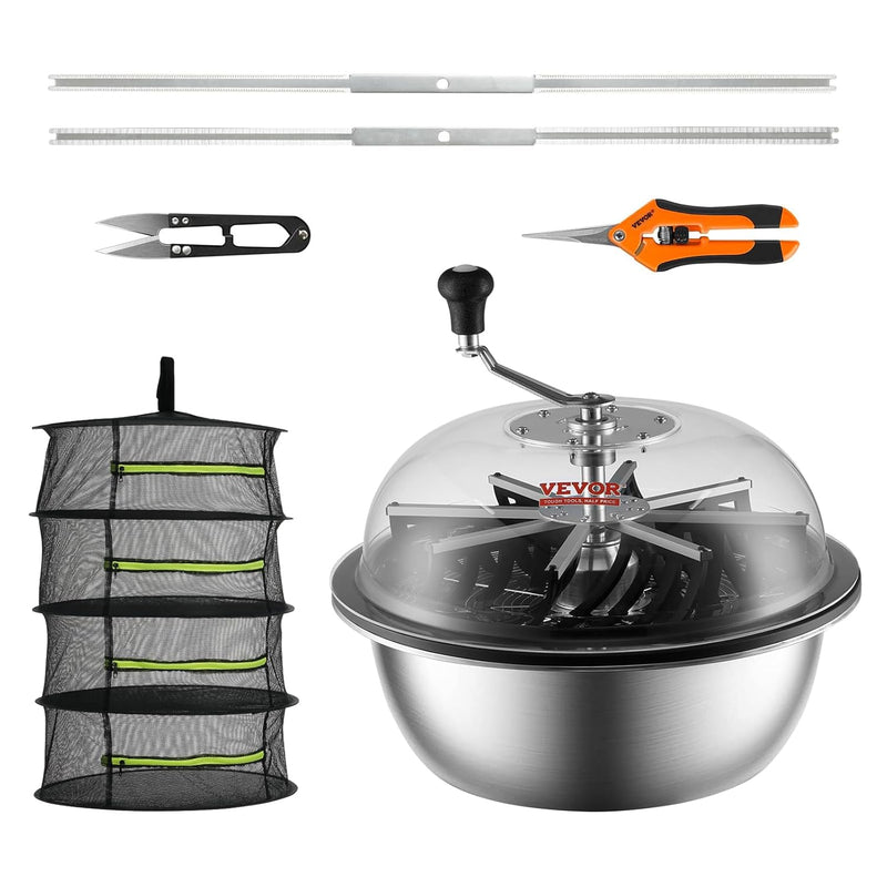 Leaf trimmer, 16-inch trimming bowl, manual flower branch trimmer, equipped with stainless steel blades for rotary trimming, transparent observation cover, foldable herb drying rack and handheld trimmer are all included. F5866