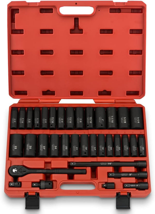 02448A 1/2" Drive Master Impact Socket Set, 65 Piece, Standard SAE (3/8"-1-1/4") & Metric (10-24 mm) Sizes, Deep & Shallow Kit, Includes Adapters & Ratchet Handle Y692