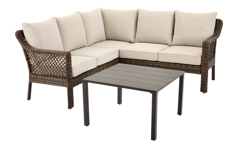 Bracebridge All-Weather Wicker Outdoor Patio Sectional with Woodgrain Steel Table Top, Brown, 3-pc V5779