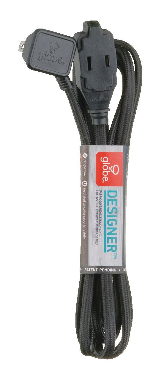 9-ft 16/2 Fabric Extension Cord, Right Angle Plug, 3 Outlets, Black D5524