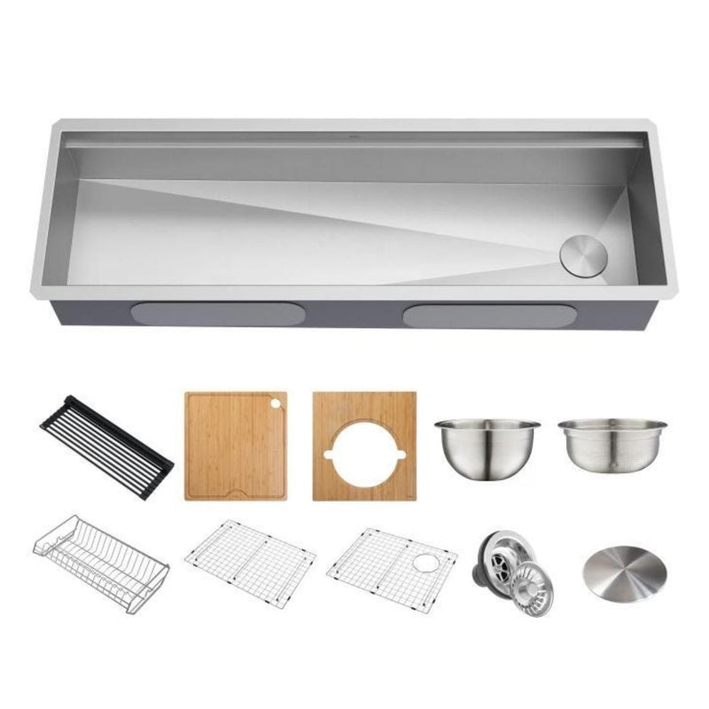 Kore 2-Tier Workstation Undermount 16-Gauge Single Bowl Kitchen Sink with 11-Piece Chef’s Kit, 57-in U303