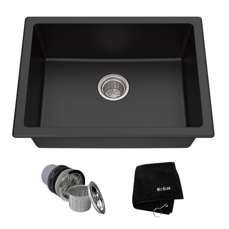 Quarza Top/Undermount Granite Single Bowl Kitchen Sink, Black Onyx, 24x18x9-in A3148