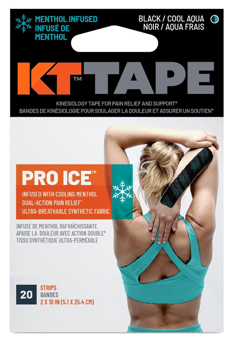 Pro Ice Pre-Cut Elastic Kinesiology Sports Tape with Menthol, Black, 10 x 2-in Strips, 20-pk A0250