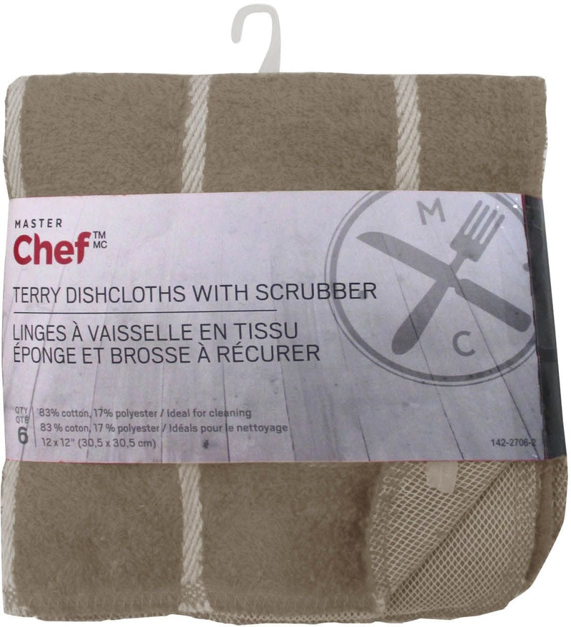 Terry Cotton Checkered Dishcloths with Scrubber, 12-in x 12-in, 6-pk, Brown T2434