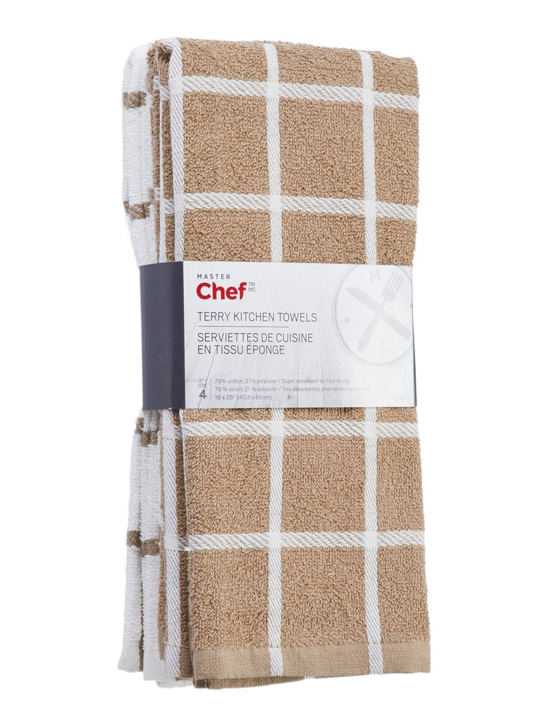 Terry Cotton Checkered Kitchen Towels, Reusable, 16-in x 26-in, 4-pk, Brown/White G4450