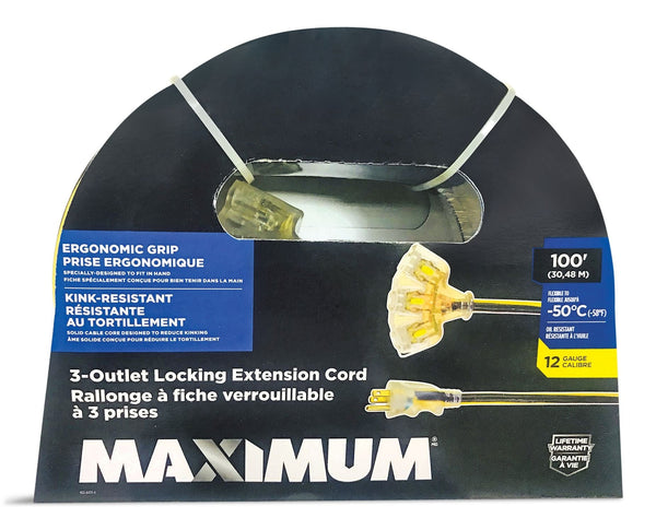 100-ft 12/3 Outdoor Extension Cord with 3 Grounded Outlets, Lighted End and Locking Connector, Yellow/Black T0097