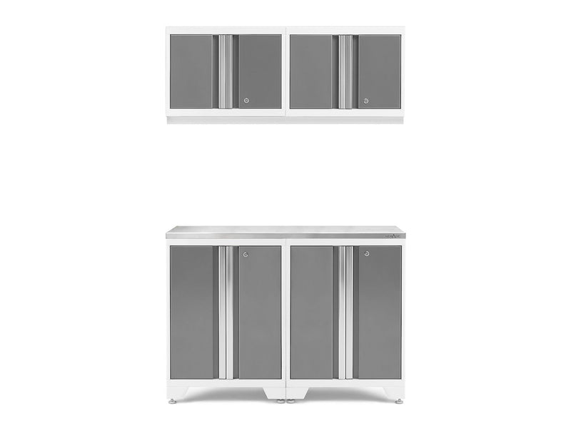 Bold 3.0 Series All-in-One Lockable Steel Garage Cabinetry Set with Stainless Steel Top, White/Platinum, 48-in x 18-in x 76.75-in, 5-pc D1621