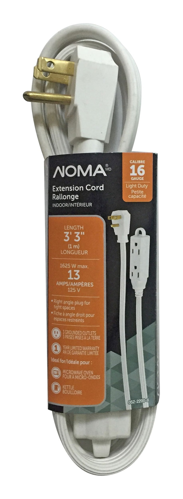 3-ft 3-in 16/3 Indoor Extension Cord with Right Angle Plug, 3 Grounded Outlets, White K3358