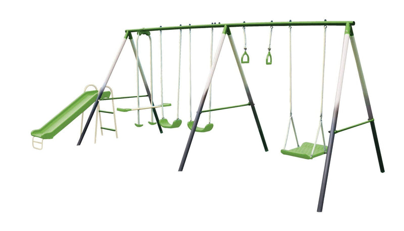 Outdoor 7-Station Metal Swing Set Combo with 2 Swings, Trapeze & More, Ages 3+ W0193
