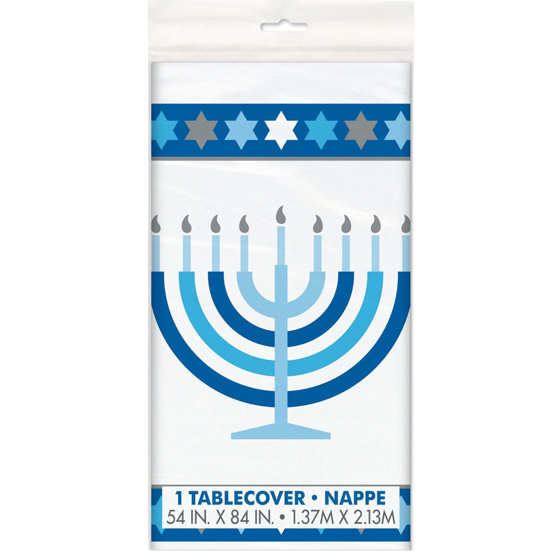 Starry Rectangle Plastic Reusable Table Cover, White/Blue, 54x108-in, for Hanukkah Q9925