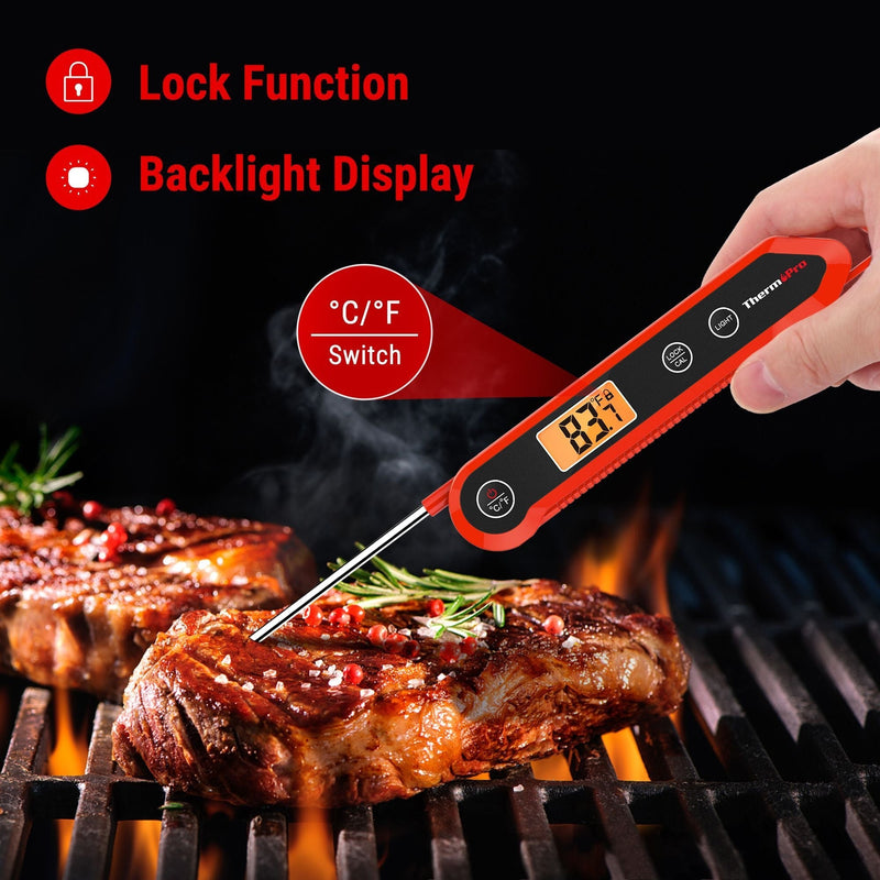 Waterproof Digital Instant-Read Folding Meat Thermometer with Swivel Probe, Black/Red K7643