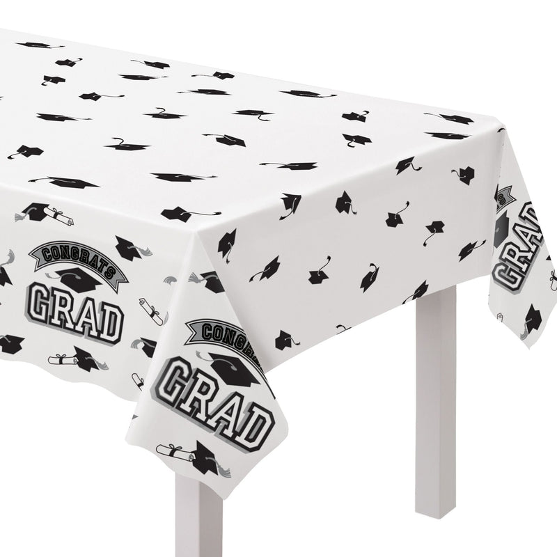 True to Your School "Congrats Grad" Rectangle Plastic Reusable Table Cover, Black/White, 54x84-in, for Graduation F4020
