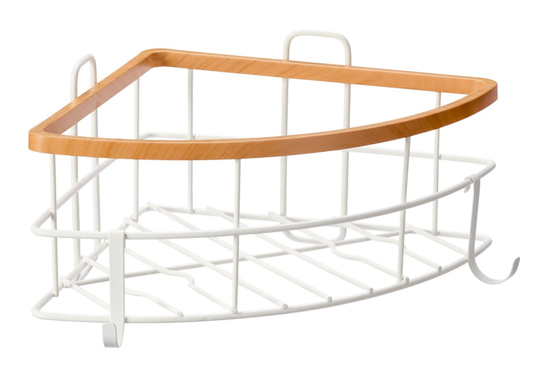 Cubina Corner Wall Bin Shower Caddy with Hooks, White/Natural F8231