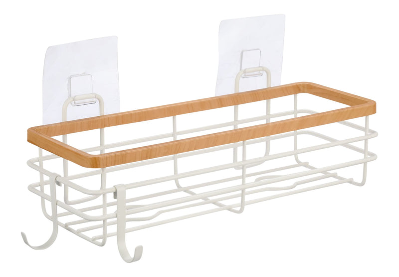 Cubina Wall Bin Shower Caddy with Hooks, White/Natural S2982