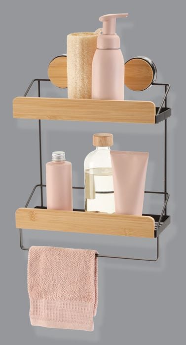 Wall Mounted 2-Tier Shower Rack, Black/Bamboo W3396