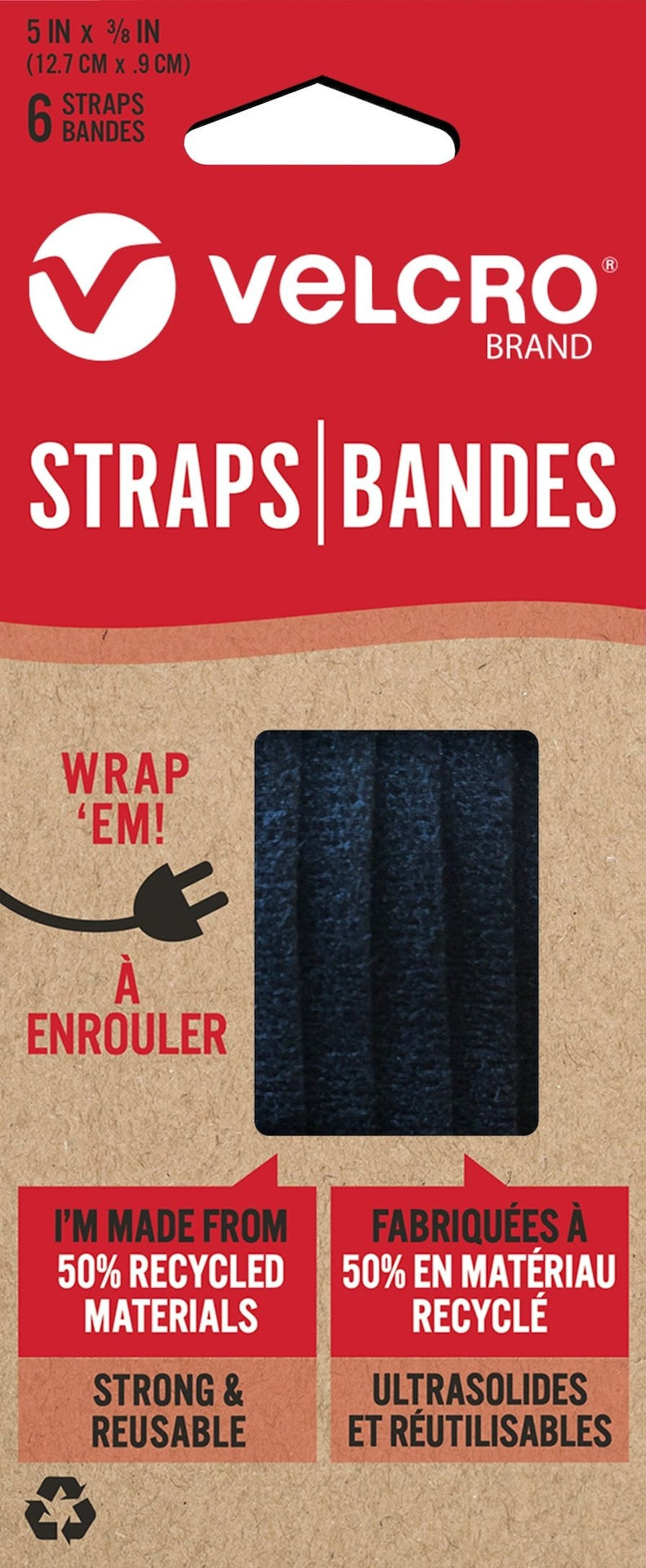 Hook-and-loop Adjustable Reusable Eco Pre-Cut Straps, Black, 5 x 0.3-in, 6-pk Z5983