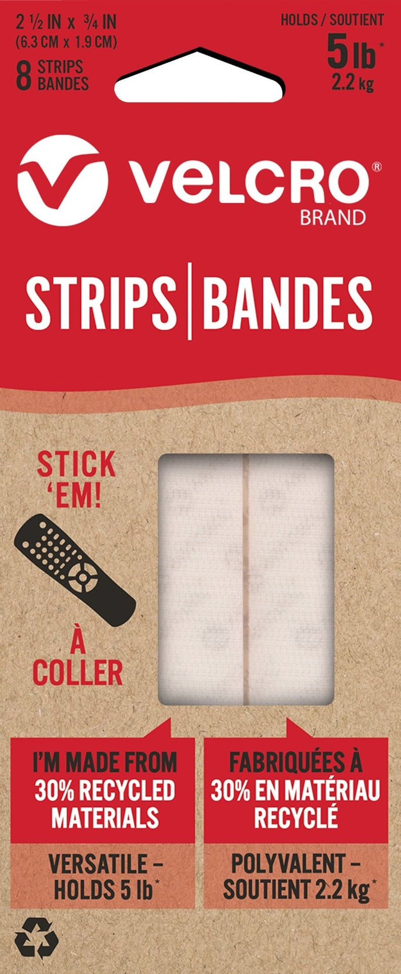Hook-and-loop Durable Reusable Eco Strips, White, 5-lbs, 2.5 x 0.7-in, 8-pk T0799