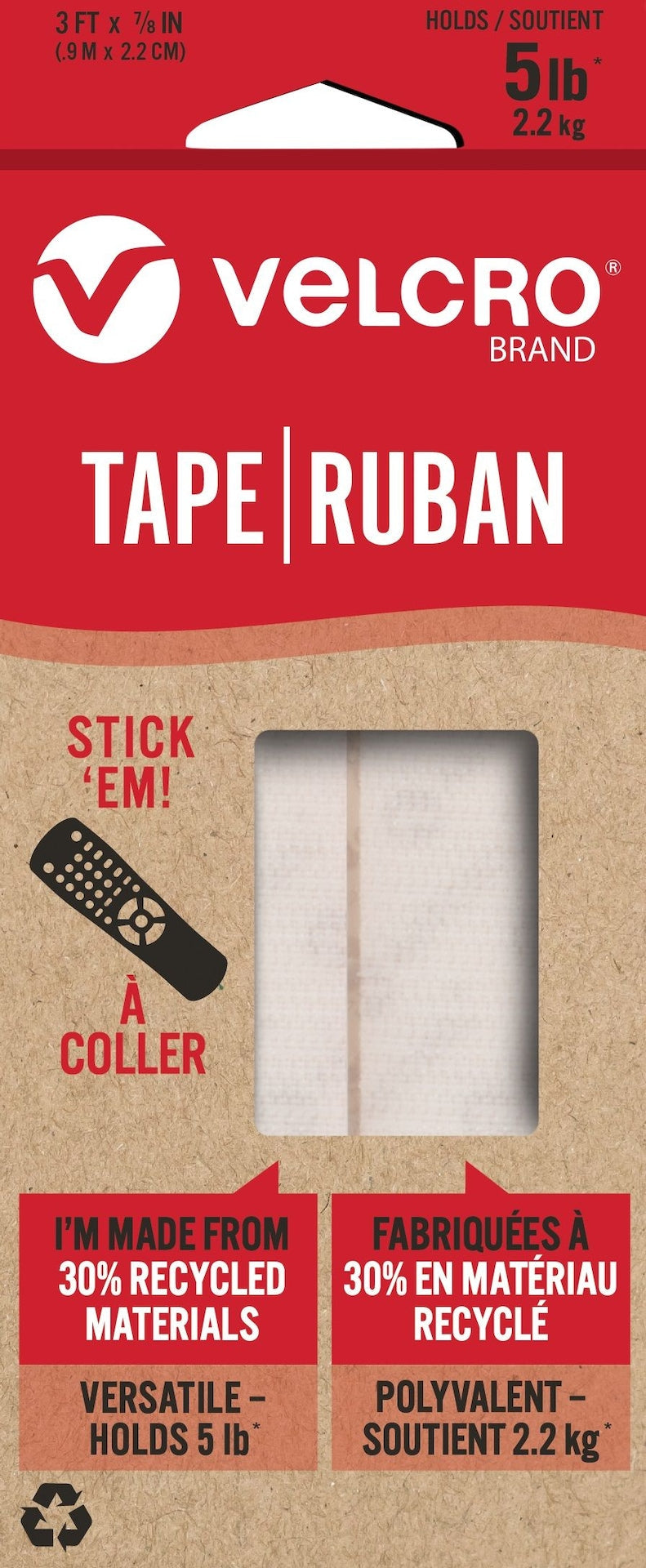 Hook-and-loop Durable Reusable Eco Tape, White, 5-lbs, 3-ft x 0.7-in A8823