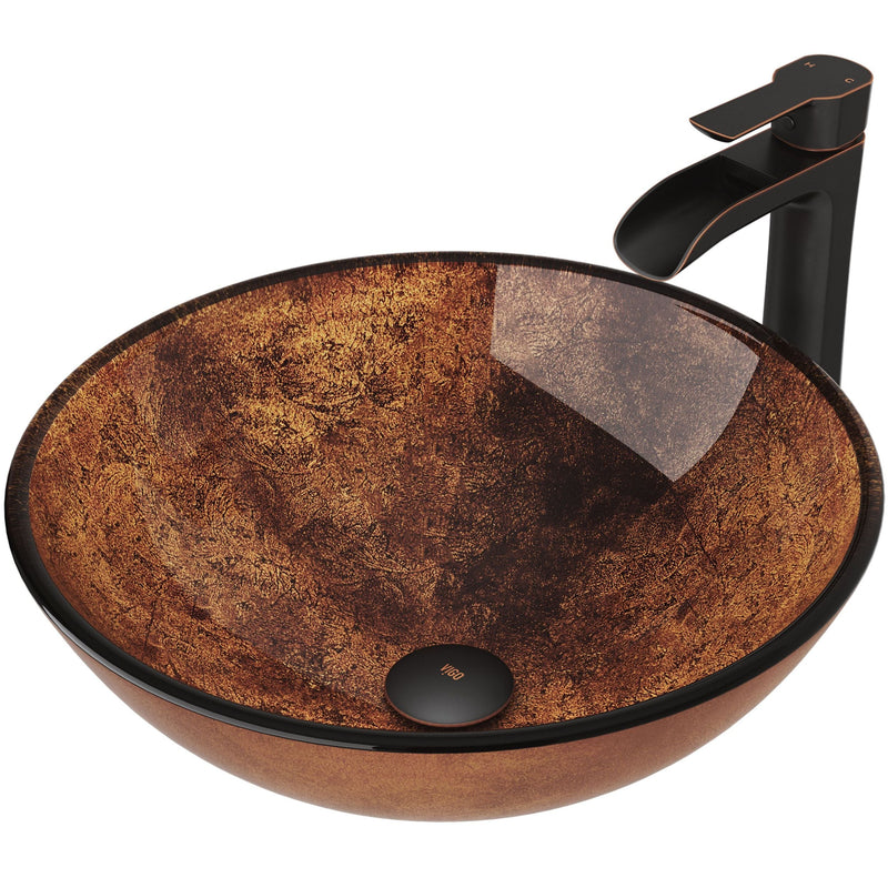 Glass Russet Brown Bathroom Sink/Basin Set with Niko Faucet and Round Vessel P5585